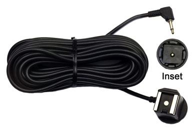 Camera Hotshoe Adapter with 10 Meter Cord and Right Angle Miniphone Plug